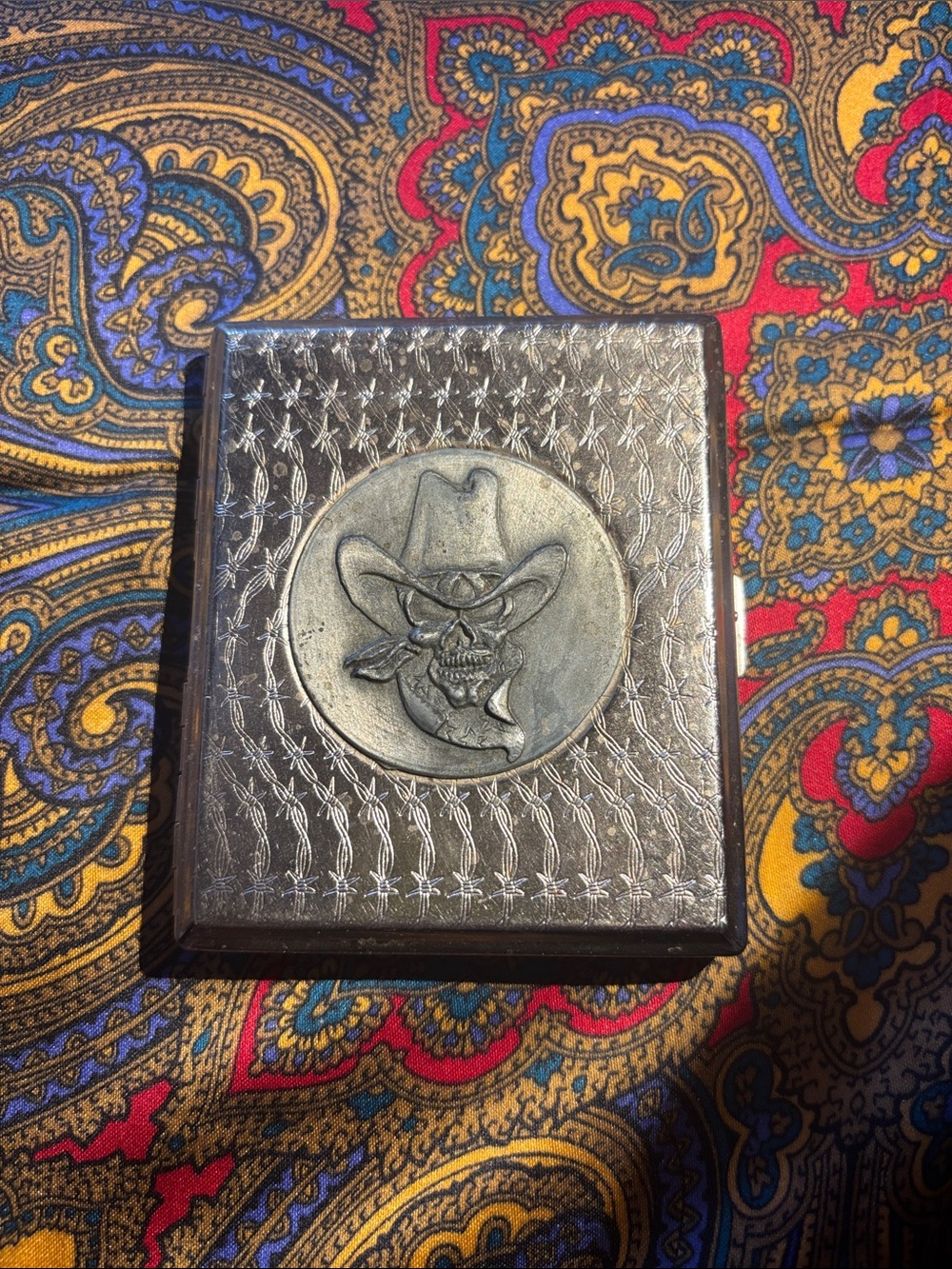 Western Skull Embossed Metal Trinket Box - Silver Tone